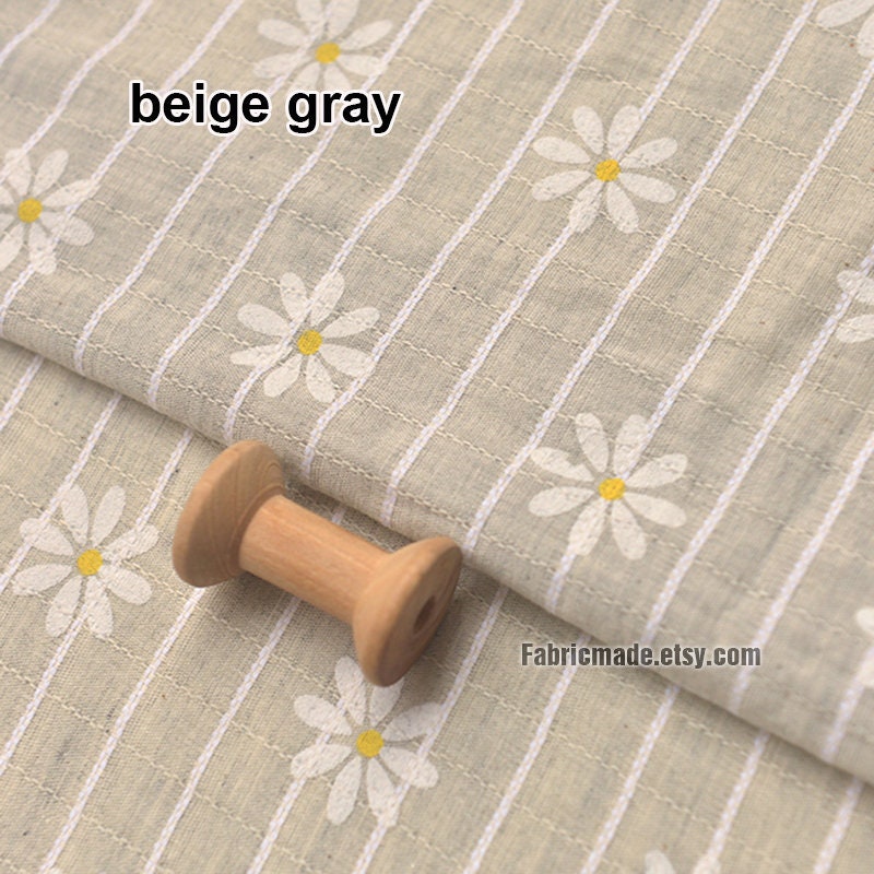 Yarn Dye Stripe Cotton Linen Fabric With Printed White Daisy Etsy