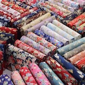 Sakura Flower Cotton Fabric, Bronzing Gold Fans, Vintage Japanese Style, 1/2 Yard