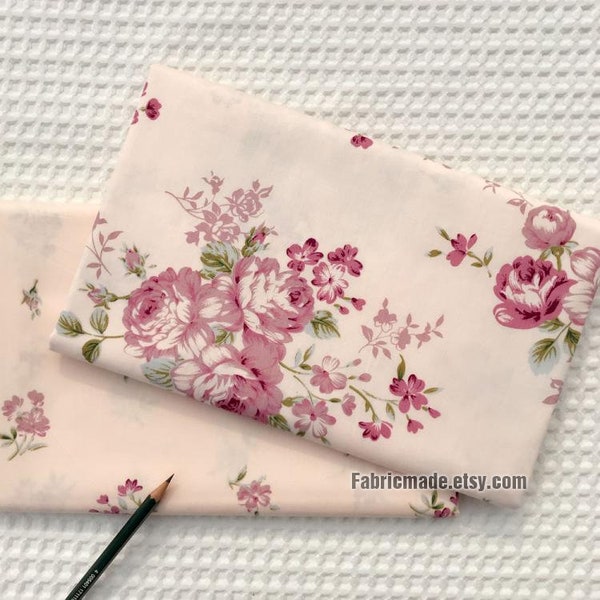 Shabby Chic Cotton Fabric, Flower Fabric Pink Rose Peony Flower On Pale Pink Cotton- 1/2 Yard