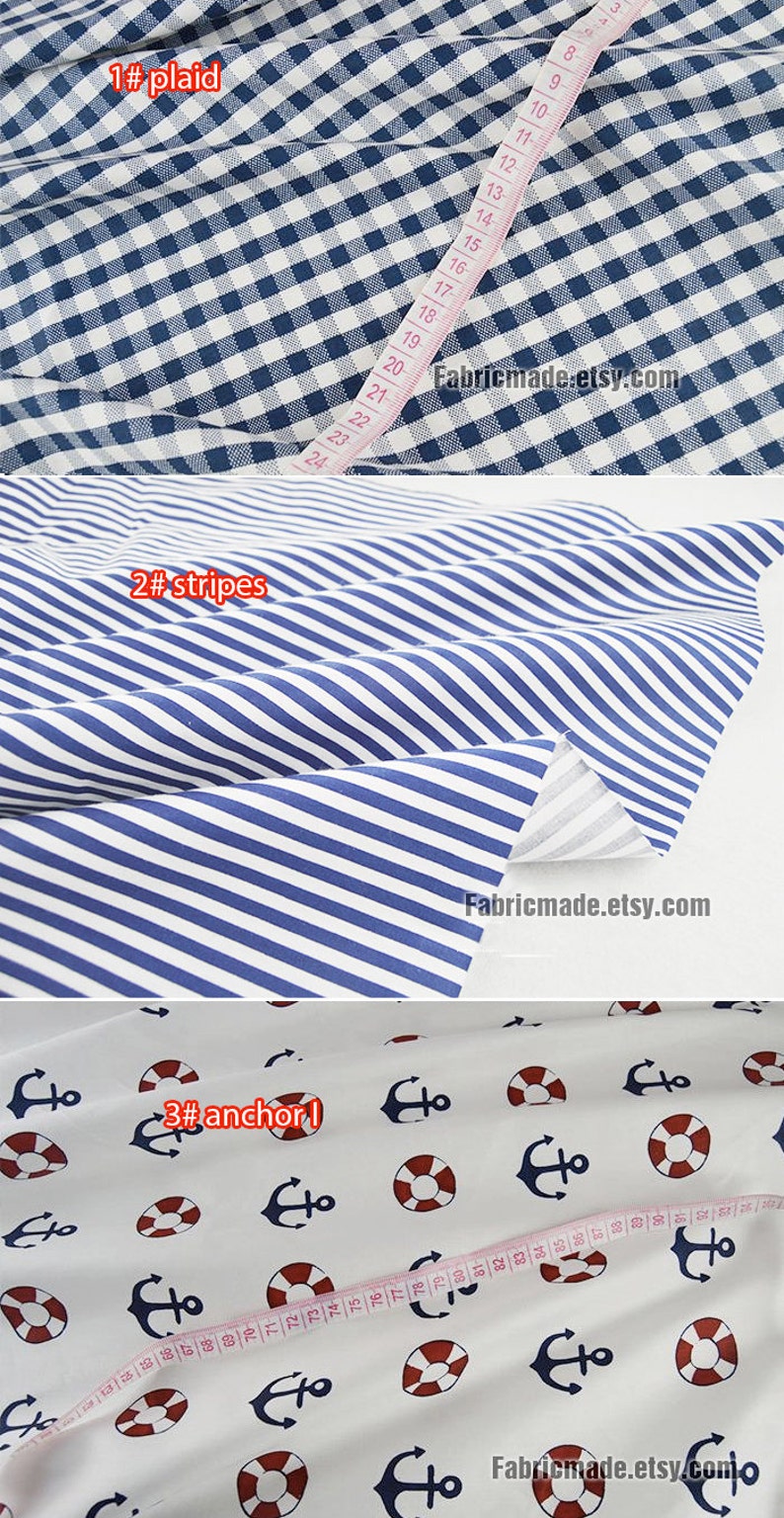 Tissu de coton dancre, style marin nautique rouge bleu marine plaid ancre voile bateau coton 1/2 yard image 2