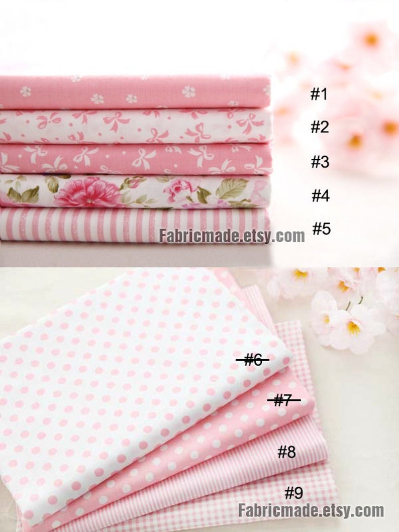 May include: Nine different pink and white fabric swatches with various patterns, including polka dots, stripes, and floral designs. The swatches are numbered 1 through 9.