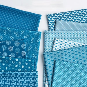 Sale- Vintage Style Blue Floral Cotton Wave Asian Geometric Fabric  - 1/2 yard