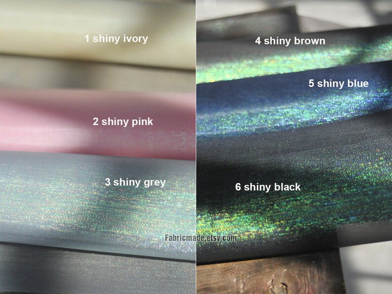 May include: Close-up of six fabric swatches in various colors: ivory, pink, grey, brown, blue, and black. Each swatch has a shiny, iridescent finish. The text "Fabricmade.etsy.com" is visible.
