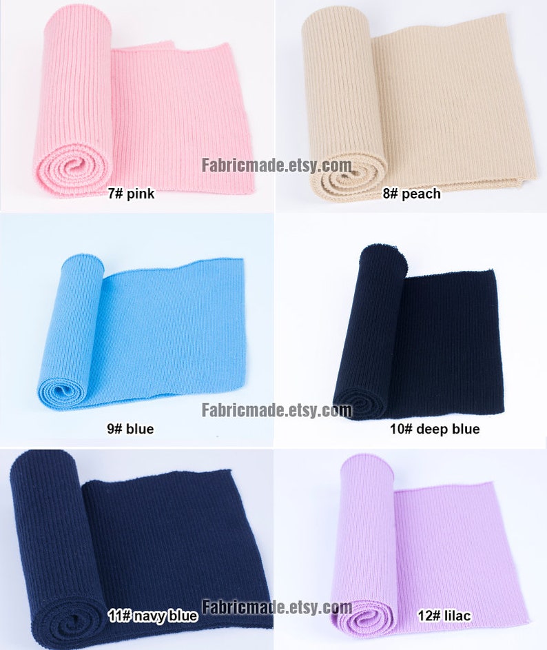 Op de afbeelding: Zes rollen geribbelde brei in verschillende kleuren, waaronder roze, perzik, blauw, donkerblauw, marineblauw en lila. De stof is opgerold en de uiteinden zijn zichtbaar. De tekst "Fabricmade.etsy.com" is zichtbaar op de afbeelding.