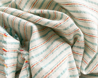 Yarn Dye Pea Green Red Ivory Stripes Cotton Blend Fabric - 1/2 yard