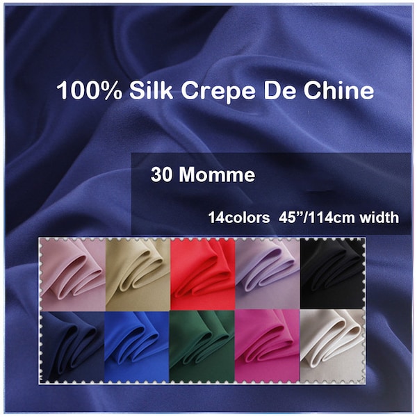 14 Colors- Heavy 100% Silk Crepe De Chine Fabric Pure Silk Solid Fabrics  45 inch 30 Momme - 19.6"/50cm