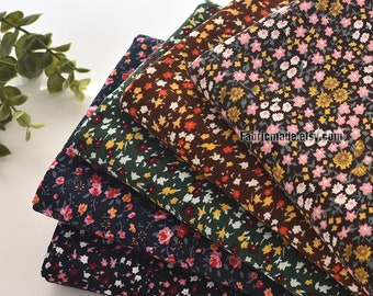 Tiny Floral Corduroy Cotton On Navy Blue Pink Green Corduroy Fabric- 1/2 yard