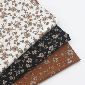 Khaki Brown Floral Cotton On Black Brown White Cotton - 1/2 Yard