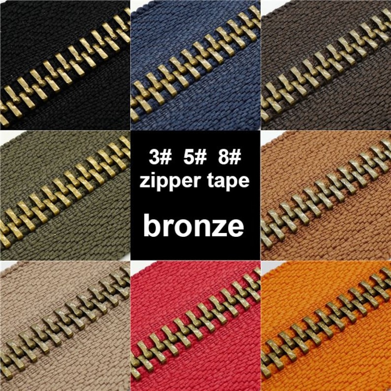 May include: Close-up of six zipper tapes in different colors with bronze zipper teeth. The tapes are labeled "3# 5# 8# zipper tape bronze".