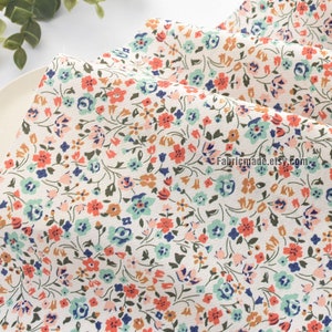 Allover Tiny Orange Blue Floral Cotton Fabric For Summer - 1/2 Yard
