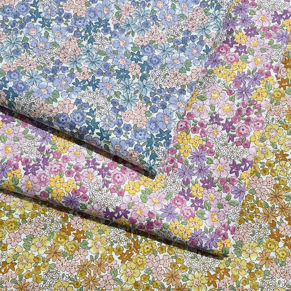 Tiny Blue Purple Yellow Wild Flower Cotton Fabric-  1/2 Yard