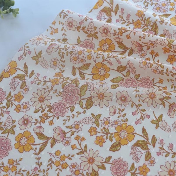 Tessuto di cotone floreale rosa giallo Swiss Dot - Tessuto 1/2 yard