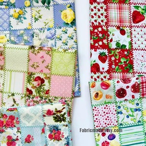 Shabby Chic Rose Strawberry Floral Plaid Cotton Fabric Patchwork Style - 1/2 yard