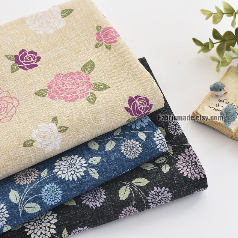 Bamboo Joint Cotton Fabric Chrysanthemum Floral On Navy Blue Black Cream 12 yard