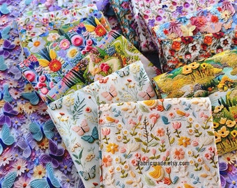 Vivid Floral Cotton Fabric Shabby Chic 3D Styles Flower Cotton - 1/2 Yard