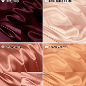 May include: Four swatches of satin fabric in different colors: burgundy, pale orange pink, orange pink, and peach yellow.