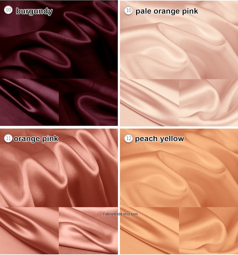 May include: Four swatches of satin fabric in different colors: burgundy, pale orange pink, orange pink, and peach yellow.