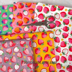 100% Cotton Red Strawberry On Purple Yellow Green Pink White Cotton Fabric - 1/2 Yard