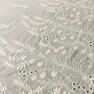 Embroidery Flower Fabric Off White Floral Edges Embroidered Cotton Scalloped Borders- Fabric by Half Yard