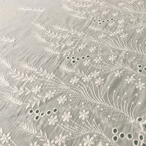 Embroidery Flower Fabric Off White Floral Edges Embroidered Cotton Scalloped Borders- Fabric by Half Yard