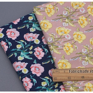 Pink Yellow Corn Poppy Floral Cotton Fabric - 1/2 yard