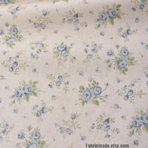 Pink Blue Vintage Rose Fabric Floral Fabric Shabby Chic Floral Linen Fabric - 1/2 Yard