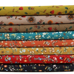 Flower Linen Fabric Red Yellow Blue Floral Linen Blend-  1/2 Yard