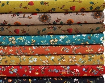 Flower Linen Fabric Red Yellow Blue Floral Linen Blend-  1/2 Yard