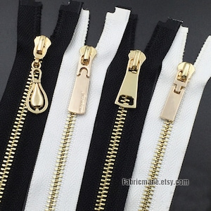 18&quot;-59&quot; Gold Teeth Zippers, White Black Metal Zippers For Jackets & Chaps #5 BRASS Separating - Select Color and Length