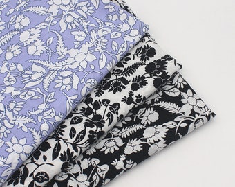 Black White Lilac Floral Cotton Fabric - 1/2 Yard