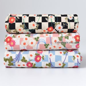 Floral Cotton Fabric,  Style Pink White Daisy Flower Check Cotton - 1/2 Yard