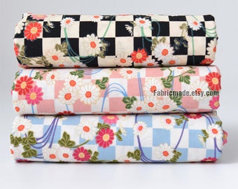 Floral Cotton Fabric,  Style Pink White Daisy Flower Check Cotton - 1/2 Yard