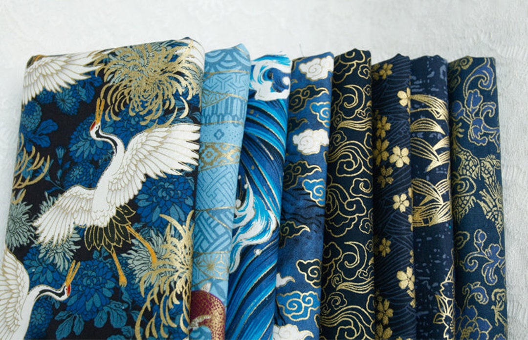 Fabric Cotton Bronzing Cloud Crane Gilded Gold Golden Asian - Etsy