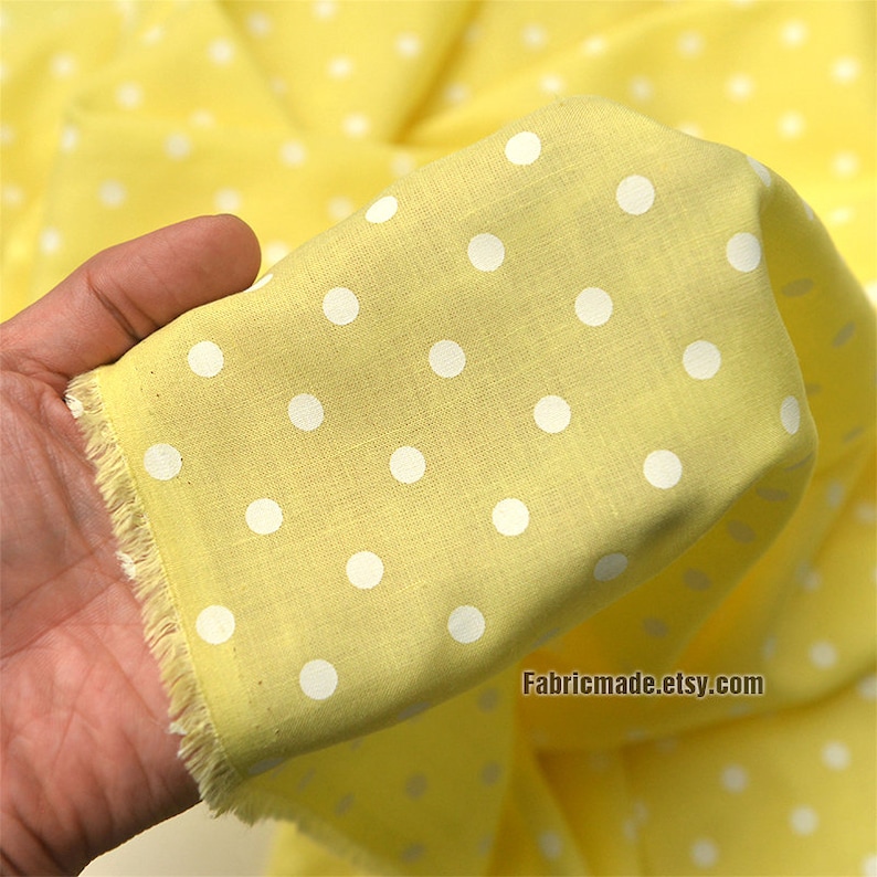 White Polka Dot On Green Yellow Linen Viscose Blend Fabric 1/2 yard image 9