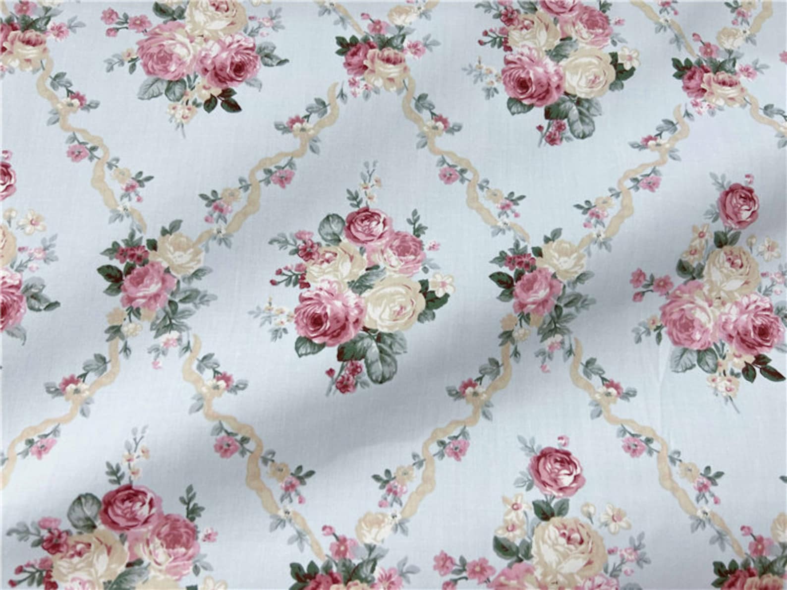 Pink Rose Floral Flower Cotton Fabric on Pink Cream Blue - 1/2 Yard - Etsy