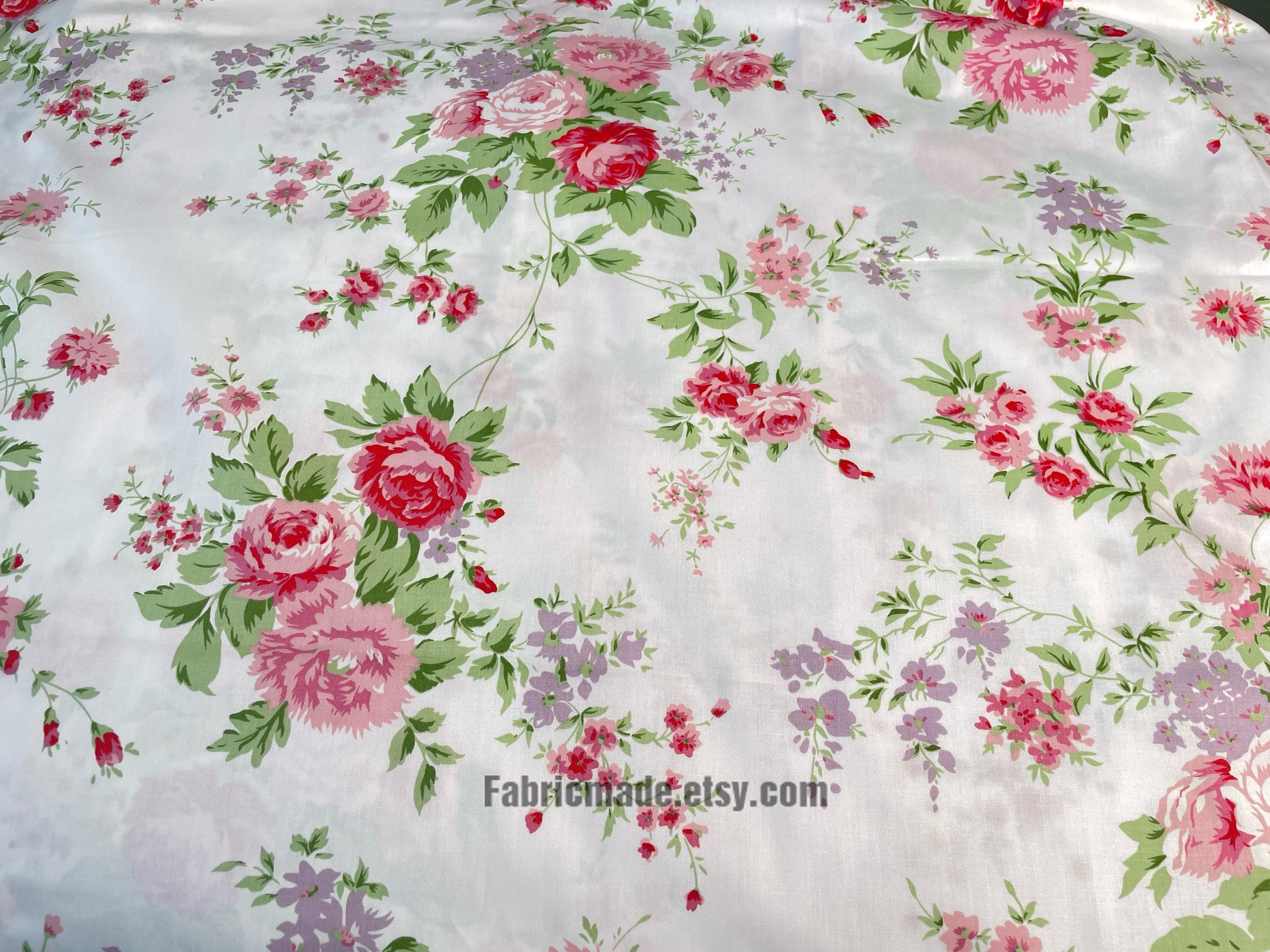 Shabby Chic Pink Rose Floral Cotton Fabric on White Cotton Pink Flower ...