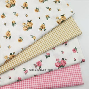 Rose Flower Cotton Fabric Little Yellow Pink Roses Cotton - 1/2 Yard