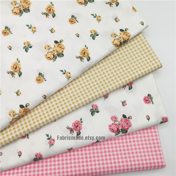 Rose Flower Cotton Fabric Little Yellow Pink Roses Cotton - 1/2 Yard