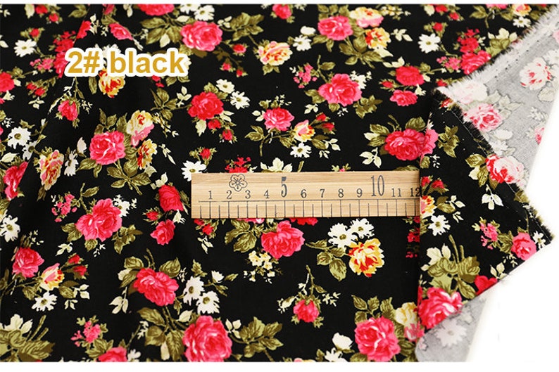 Rose Floral Corduroy Cotton Fabric, Pink Yellow Flower On Brown Black Cotton 1/2 yard 2 black