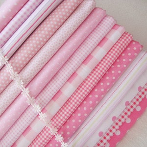 Pink Bundle Fabric Light Pink Fabric Pink Cotton Fabric Pink Dots Stripes Plaid Fabric- Sets for 14 each 50cmX50cm