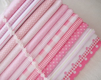 Pink Cotton Fabric Bundle – Dots, Stripes, Plaid (14 pcs, 50cmX50cm)