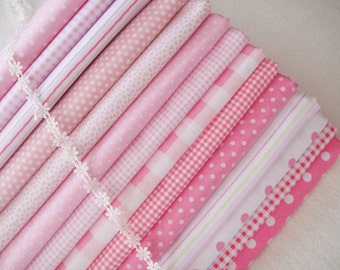 Pink Bundle Fabric Light Pink Fabric Pink Cotton Fabric Pink Dots Stripes Plaid Fabric- Sets for 14 each 50cmX50cm