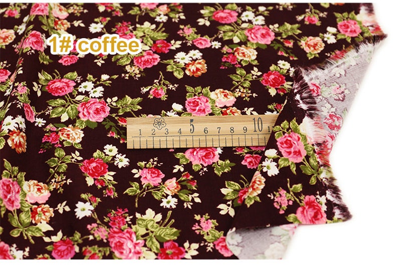 Rose Floral Corduroy Cotton Fabric, Pink Yellow Flower On Brown Black Cotton 1/2 yard 1 coffee