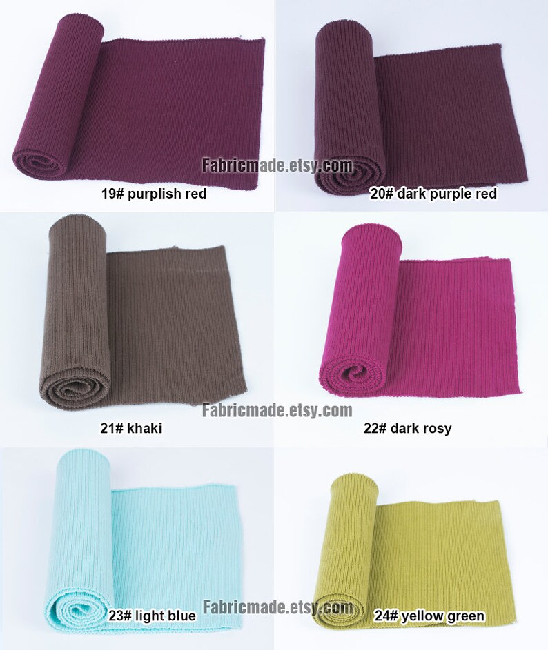 Op de afbeelding: Zes rollen geribbelde brei in verschillende kleuren, waaronder paarsachtig rood, donkerpaarsrood, kaki, donkerroze, lichtblauw en geelgroen. Fabricmade.etsy.com is afgedrukt op de afbeelding.