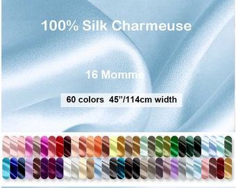60 Colors II- 100% Silk Charmeuse Fabric Pure Silk Solid Fabrics  45 inch 16 Momme - 19.6"/50cm