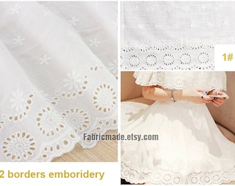 White Cotton Eyelet Borders Fabric, Embroidery Siders Fabric Cotton, Hollowed Border Lace cotton - A Half Yard