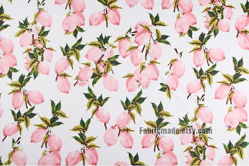 Pink Lemon Cotton Fabric Off White Cotton Pink Lemon Green Etsy