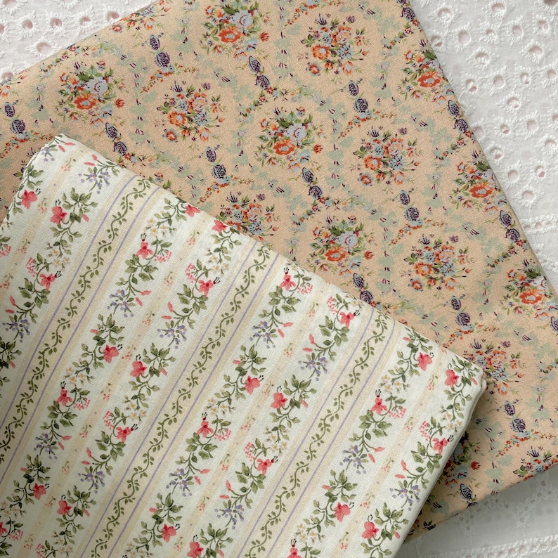 Tiny Floral Garland Round Stripes Flower Cotton Fabric - 1/2 yard image 1