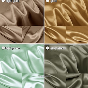 May include: Four swatches of satin fabric in different colors: light gold, gold, light green, and gray green.