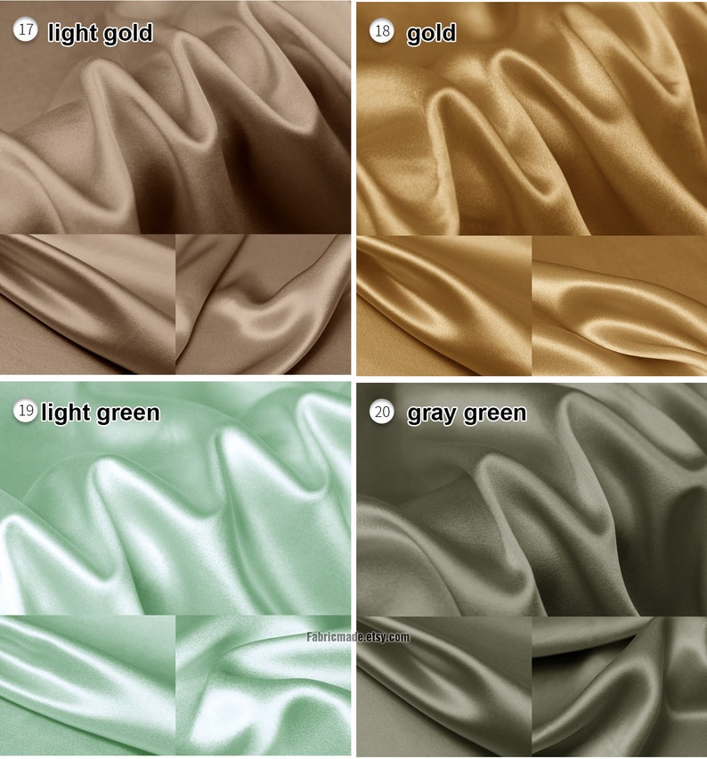 May include: Four swatches of satin fabric in different colors: light gold, gold, light green, and gray green.